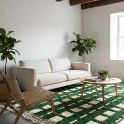 Moroccan Green Berber Rug, Handwoven Wool Shag Rug With Geometric Squares & Lines, Authentic Beni Ourain Style Carpet, Large 9x12 Area - thumbnail 4