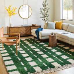 Moroccan Green Berber Rug, Handwoven Wool Shag Rug With Geometric Squares & Lines, Authentic Beni Ourain Style Carpet, Large 9x12 Area - thumbnail 2