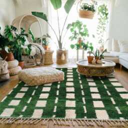 Moroccan Green Berber Rug, Handwoven Wool Shag Rug With Geometric Squares & Lines, Authentic Beni Ourain Style Carpet, Large 9x12 Area - thumbnail 3