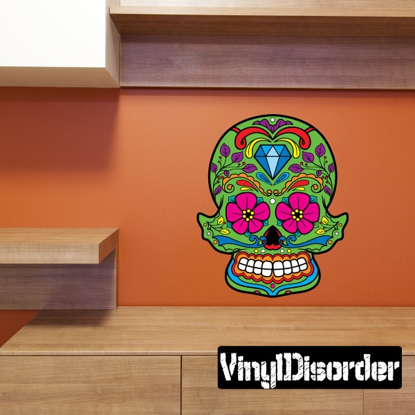 Sugar Skull Wall Decal - Fabric Vinyl Removable & Reusable Sugarskulluscolor019Et