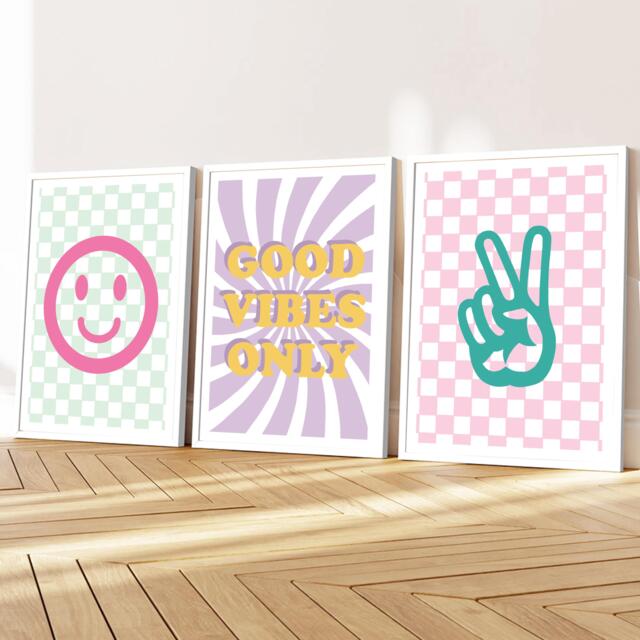 Set Of 3 Funky Girls Room Prints Positive Quotes, Happy Face, Peace Sign, Unframed - image 1