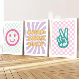 Set Of 3 Funky Girls Room Prints Positive Quotes, Happy Face, Peace Sign, Unframed - thumbnail 1