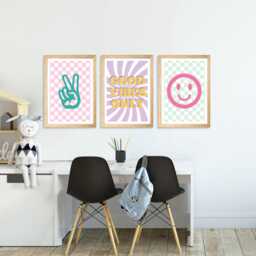 Set Of 3 Funky Girls Room Prints Positive Quotes, Happy Face, Peace Sign, Unframed - thumbnail 2