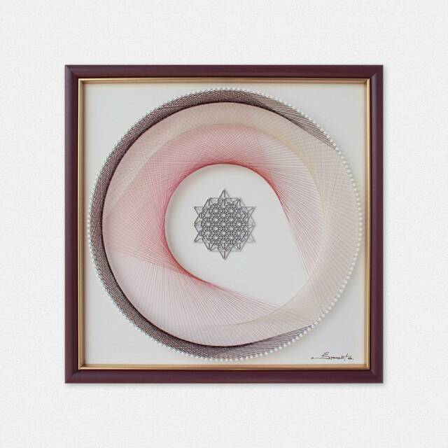 Zen Blush String Art With Tetrahedron Relief - Spiritual Wall Burgundy Frame - image 1