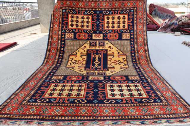 5x8 Kazak Area Rug Navy Blue Caucasian Hand Knotted Veg Dyes Wool Afghan Rug, Bedroom Rug, Rugs For Living Room, Oriental Geometric - image 1