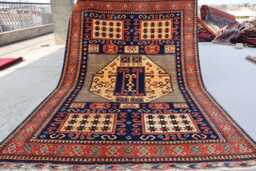 5x8 Kazak Area Rug Navy Blue Caucasian Hand Knotted Veg Dyes Wool Afghan Rug, Bedroom Rug, Rugs For Living Room, Oriental Geometric - thumbnail 1