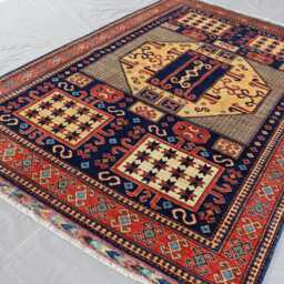 5x8 Kazak Area Rug Navy Blue Caucasian Hand Knotted Veg Dyes Wool Afghan Rug, Bedroom Rug, Rugs For Living Room, Oriental Geometric - thumbnail 2