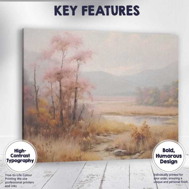 Misty Pink Blossom Lakeside Meadow Landscape Painting Canvas Wall Art Print Decor Picture Ready To Hang - image 1