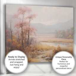 Misty Pink Blossom Lakeside Meadow Landscape Painting Canvas Wall Art Print Decor Picture Ready To Hang - thumbnail 3