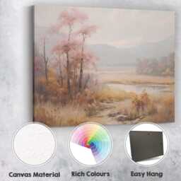 Misty Pink Blossom Lakeside Meadow Landscape Painting Canvas Wall Art Print Decor Picture Ready To Hang - thumbnail 2