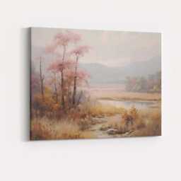 Misty Pink Blossom Lakeside Meadow Landscape Painting Canvas Wall Art Print Decor Picture Ready To Hang - thumbnail 4