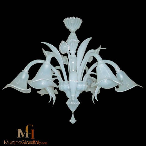 Venetian White Glass Chandelier - Hand Blown Floral Lighting - image 1