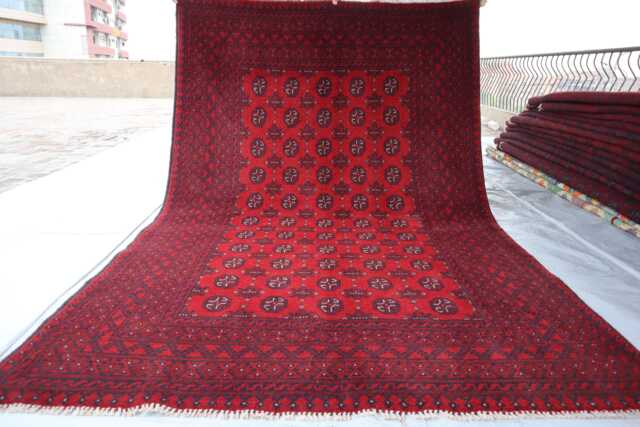 6x8 Ft Afghan High Pile Rug Turkmen Bokhara Area - Akhcha Red Handmade Large New Livingroom Rug Tribal Bedroom Office - image 1