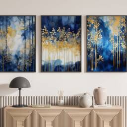 Set Of 3 Navy Blue & Gold Wall Art - Forest Theme Prints - thumbnail 2