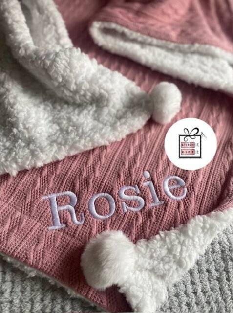 Personalised New Arrival Baby Cable Knit Blanket Gift -English Arabic Name Embroidered Pom Pom/Sherpa Throw. Photography Shoot Prop Birth - image 1