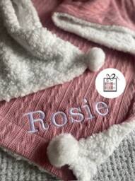 Personalised New Arrival Baby Cable Knit Blanket Gift -English Arabic Name Embroidered Pom Pom/Sherpa Throw. Photography Shoot Prop Birth - thumbnail 1