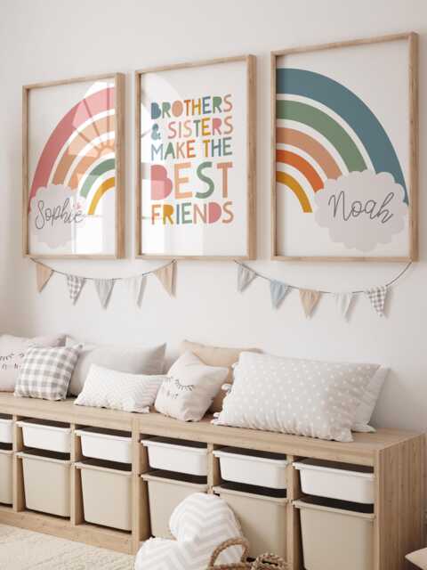 Set Of 3 Personalised Brother Sister Prints, Rainbow Sibling Wall Art, Colourful Playroom Shared Bedroom, Kids Bedroom Decor - image 1