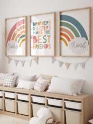 Set Of 3 Personalised Brother Sister Prints, Rainbow Sibling Wall Art, Colourful Playroom Shared Bedroom, Kids Bedroom Decor - thumbnail 1