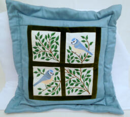 Blue Cushion - Embroidered Bluetits in My Window, Bluetit Cushion, Gifts For Her, Gift Mum, Birthday Gift, Housewarming - thumbnail 1