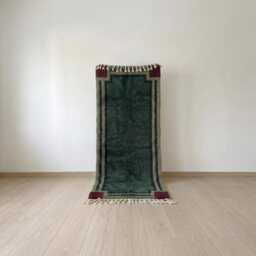 Forest Green Runner Rug With Burgundy Corners & Black Frame, Moody Moroccan Wool For Entry Hall, Library, Or Heritage Decor