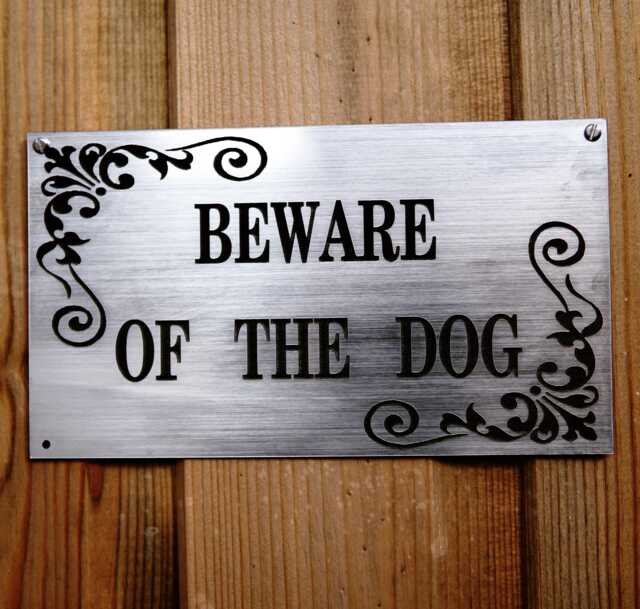 Beware Of The Dog Sign, Brushed Stainless Steel Effect, Custom Wording, Beware Dog Gate Sign, Door Window Sign - image 1