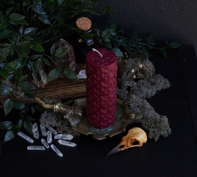 Red Baroque Candle, Ornate Gothic Fleur De Lis Gift, Witchy Pillar Vegan Witches Candle // Crucifix Kiss - image 1