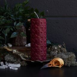 Red Baroque Candle, Ornate Gothic Fleur De Lis Gift, Witchy Pillar Vegan Witches Candle // Crucifix Kiss - thumbnail 2