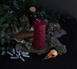 Red Baroque Candle, Ornate Gothic Fleur De Lis Gift, Witchy Pillar Vegan Witches Candle // Crucifix Kiss