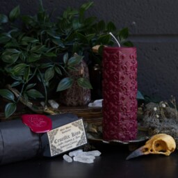 Red Baroque Candle, Ornate Gothic Fleur De Lis Gift, Witchy Pillar Vegan Witches Candle // Crucifix Kiss - thumbnail 3