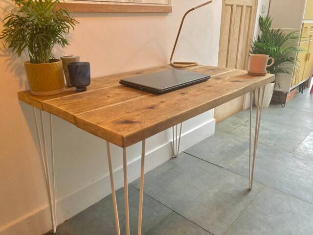 Reclaimed Wood Desk Scaffold White Hairpin Legs - image 1