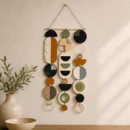 Geometric Wood Wall Art - Retro Modern Tapestry, Burnt Orange & Olive