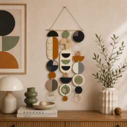 Geometric Wood Wall Art - Retro Modern Tapestry, Burnt Orange & Olive - thumbnail 2