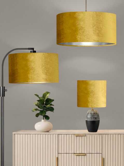 New Luxury Handmade By Order Drum Shape Glamour Mustard Gold Velvet Lamp Shade Pendant Light With Metallic Panels Lining - image 1