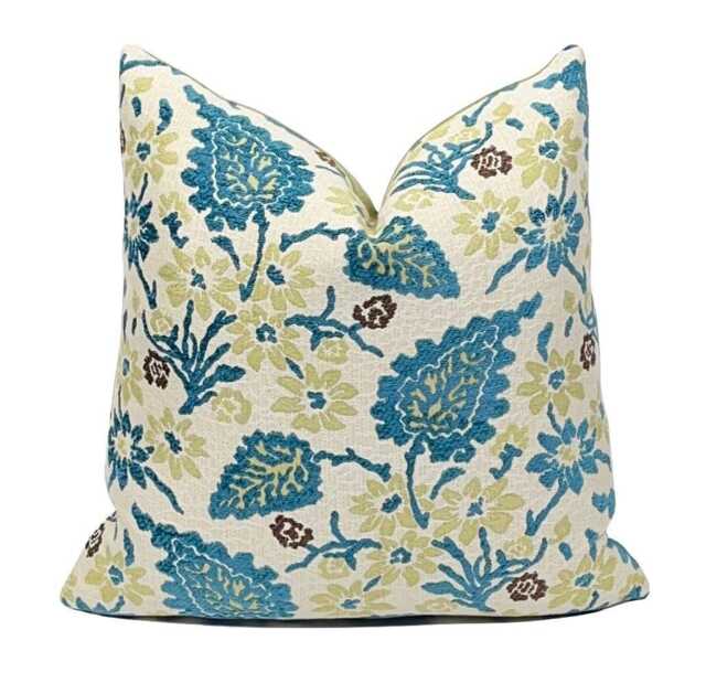 Teal Floral Leaf Chenille Pillow Cover - Astor Place Peacock Designer Throw Transitional Home Decor Sofa Chair - image 1