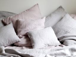 Linen Bedding Set, 5 Pcs - Queen Size, Light Gray & Dusty Pink Linen - thumbnail 1
