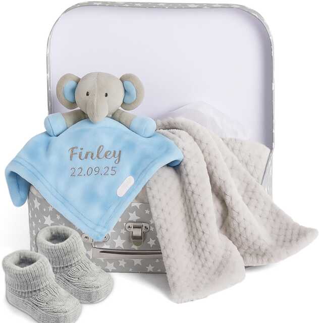 Personalised Embroidered Baby Blue Elephant With Silver Blanket Gift Set Newborn Gifts Keepsake Special Present New Boy 1st Toy - image 1