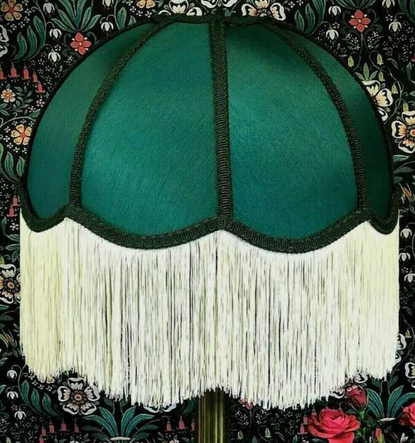 Handmade Forest Green Dome Lampshade Cream Fringe, Traditional British Style - image 1