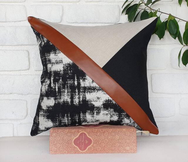Color Block Pillow Cover Cognac Faux Leather, Modern Triangle Design - image 1
