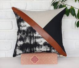 Color Block Pillow Cover Cognac Faux Leather, Modern Triangle Design