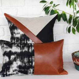 Color Block Pillow Cover Cognac Faux Leather, Modern Triangle Design - thumbnail 3