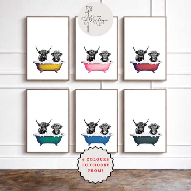Highland Cow in Bathtub Print, Funny Bathroom Wall Art, Farmhouse Decor, Bath Colourful Poster - image 1