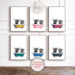 Highland Cow in Bathtub Print, Funny Bathroom Wall Art, Farmhouse Decor, Bath Colourful Poster - thumbnail 1
