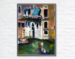 Venice Gondola Ride Watercolor Art Print, Italian Landscape - thumbnail 1