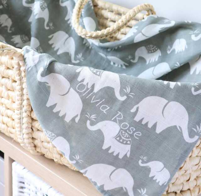 Elephant Swaddle Blanket - Large Boho Cotton Muslin Personalise With Embroidered New Baby Name & Birthday For The Perfect Gift - image 1