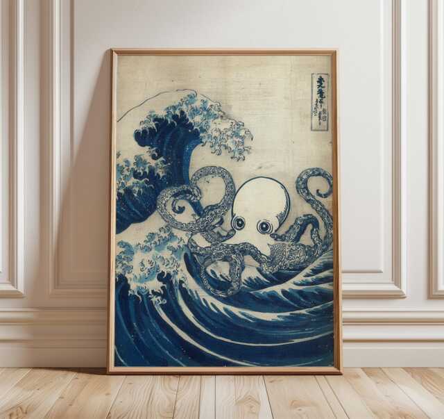 Japanese Octopus Wave Poster, Ukiyo-E Style Wall Art, Blue Sea Print, Katsushika-Inspired Ocean Design, Traditional Decor - image 1