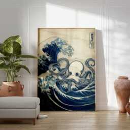 Japanese Octopus Wave Poster, Ukiyo-E Style Wall Art, Blue Sea Print, Katsushika-Inspired Ocean Design, Traditional Decor - thumbnail 3