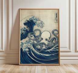 Japanese Octopus Wave Poster, Ukiyo-E Style Wall Art, Blue Sea Print, Katsushika-Inspired Ocean Design, Traditional Decor - thumbnail 1