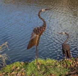 Standing Twist Heron. Recycled Metal Garden Sculpture Statue. Pond Lake Decor. Outdoor - Safe Place For Large Box Delivery Needed