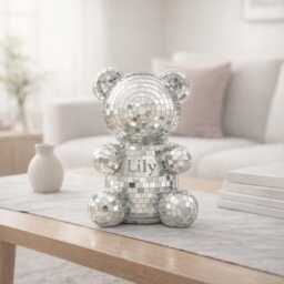 Disco Bear Decor - Mirror Mosaic Teddy Sculpture Silver Or Gold Home Accent Modern Statue Personalised Option - thumbnail 4