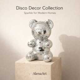 Disco Bear Decor - Mirror Mosaic Teddy Sculpture Silver Or Gold Home Accent Modern Statue Personalised Option - thumbnail 1
